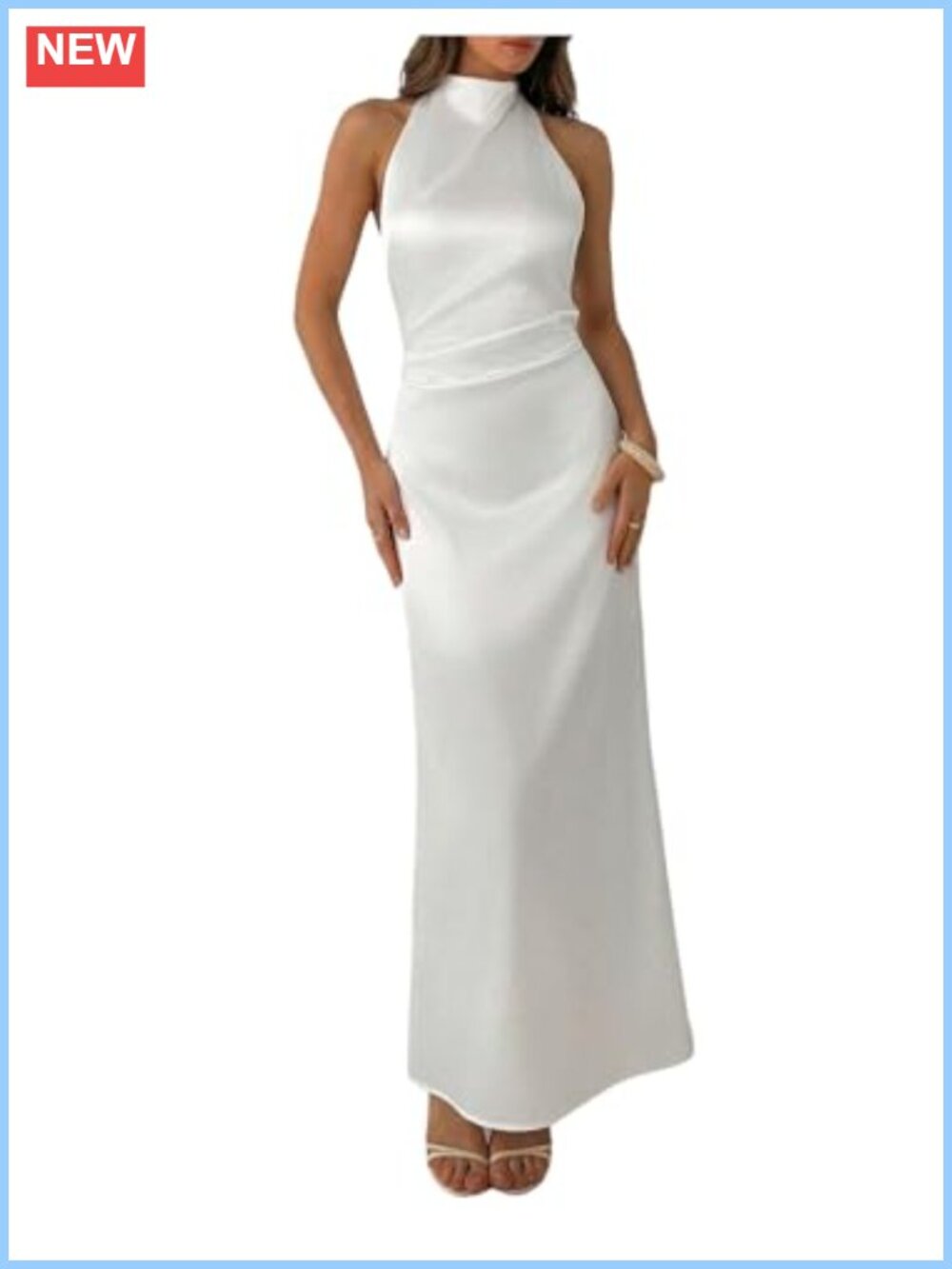 Satin Halter Maxi Dress Open Back Ruched Waist Bodycon Formal